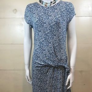 LOFT Blue/White Lined, Floral Wrap Dress, Small